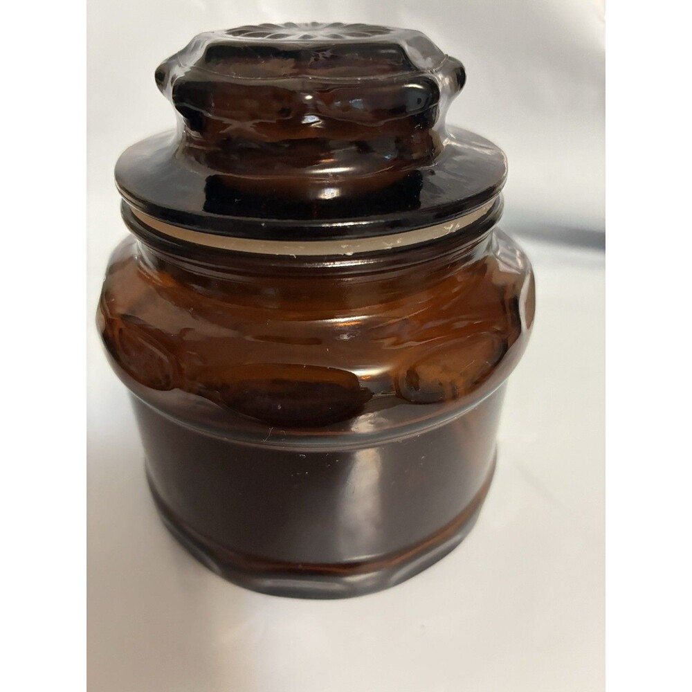 Vintage Dark Amber Glass Thumbprint Body & Starburst Pattern Lid Cremora Jar - Picture 2 of 12